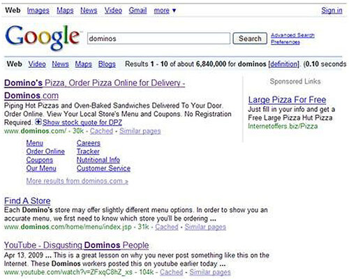 Figure 4. Google search results for “Domino’s” shortly after the incident.