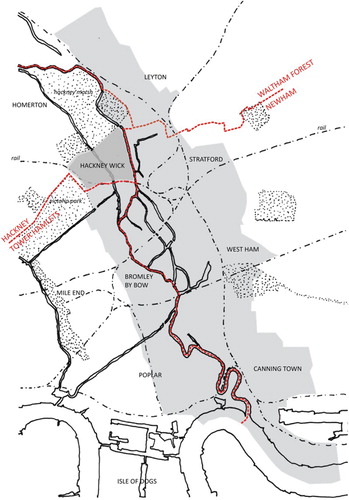 Figure 1. Lower Lea Valley 'Opportunity Area' (grey tone) and local authority boundaries (red, dashed lines).