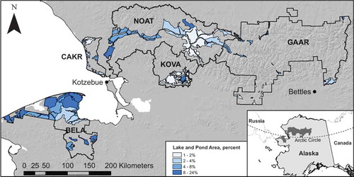 Figure 1. Study-area location. The ecological subsections analyzed for water surface area are displayed, with their lake and pond surface area in percent. The excluded areas are subsections that had less than 1 percent lake and pond surface area. National Park Service unit abbreviations are: Bering Land Bridge National Preserve (BELA), Cape Krusenstern National Monument (CAKR), Gates of the Arctic National Park and Preserve (GAAR), Kobuk Valley National Park (KOVA), and the Noatak National Preserve (NOAT).