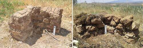 Figure 6. Tekelioğlu experimental L-shaped mudbrick wall: (a) just after construction in July 2013 (southeast side) and (b) 11 months later in June 2014 (southeast side).