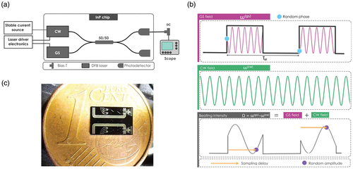 Figure 10. An integrated quantum random number generator in InP. (a) Operational schematic of QRNG based on two-laser interference. (b) Principle of operation: a pulsed laser interferes with a continuous laser to create a measurable random phase, which is subsequently digitized into a random value. (c) Image of a single chip with two integrated QRNG devices on a 1 Euro cent. Reprinted with permission from [Citation236] © The Optical Society.