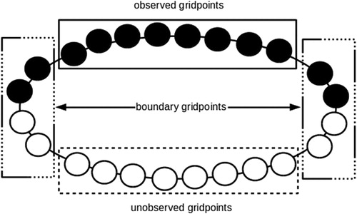 Fig 3. Land sea configuration used for our DA experiments. Twelve variables are observed and 12 are unobserved. We divide the grid into three types of variables: observed, unobserved and boundary variables.