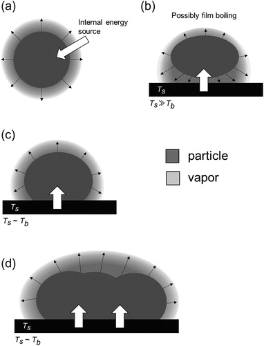 Figure 1. Potential vaporization mechanisms in TDAMSs. (a) Vaporization of an airborne particle induced by an internal energy source. (b) Vaporization of a particle via impaction onto a heated surface. Vaporization of (c) a single particle and (d) an ensemble of particles, respectively, collected on a surface.