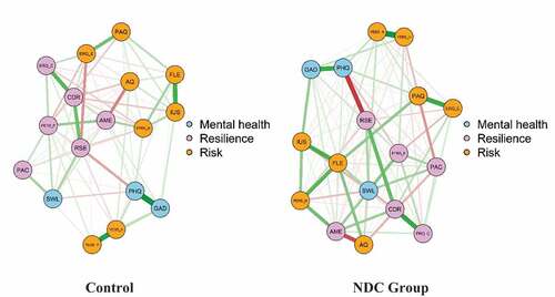 Figure 1. The GGM estimated for the subsamples, on the left (A) is the control group and on the right (B) is the NDC sibling group.