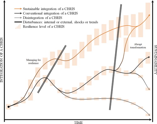 Figure 1. Hypothesizing the connections between resilience, sustainable integration, and sustainability of a cross-border regional innovation system (adapted from Elmqvist et al. Citation2019).