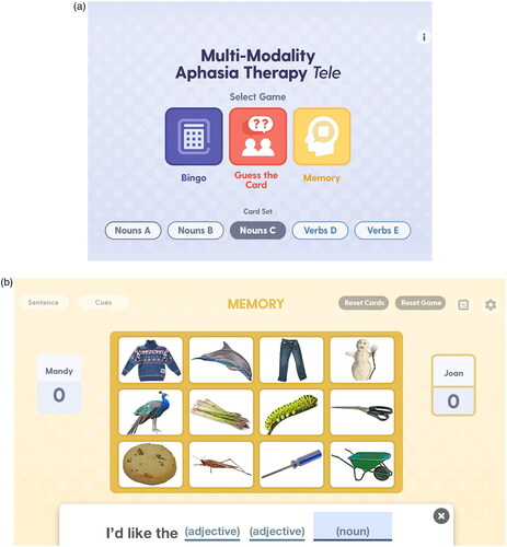 Figure 1. M-MAT tele software screenshots.(a) Screenshot of the homepage for M-MAT Tele. (b) Screenshot of the memory game within M-MAT Tele.