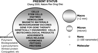 Figure 1 Present status of artificial cells: large variations possible in contents, membrane materials and dimensions.