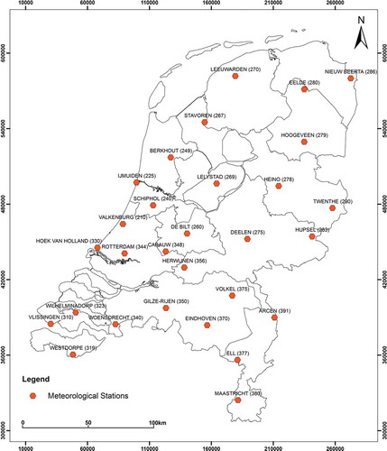 Figure 1. Distribution of the selected meteorological stations in the study area. The number between brackets after each station represents its unique ID.