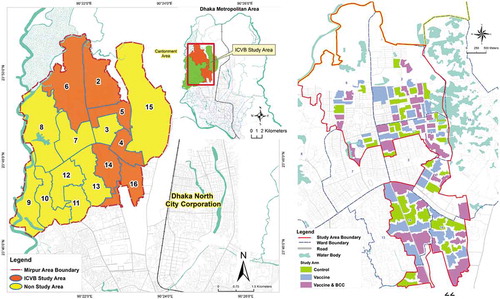 Figure 1. (a) ICVB study area in the six wards of Mirpur, Dhaka, Bangladesh. (b) The geographic clusters of the three arms of the ICVB project.