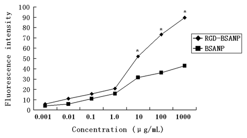 Figure 5. Concentration dependence of nanoparticles uptake by BxPC-3 cells. With the increase of incubation concentration of nanoparticles, the intensity of fluorescence enhanced gradually. The nanoparticles were incubated with BxPC-3 cells for 16 h. The intensity of fluorescence of RGD-conjugated BSANPs was significantly higher than that of BSANPs without RGD conjugation at different concentration points (n = 3, *p < 0.05).