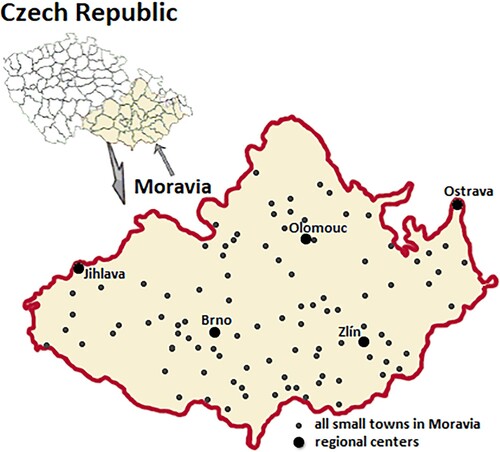 Figure 1. The map of the historical territory of Moravia with small towns.