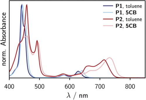 Figure 3. Comparison of the UV-vis spectra of P1 and P2 (∼1μM) recorded in toluene at room temperature with those taken in the isotropic phase of 5CB at 50∘C.