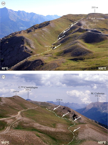 Figure 5. (a) Impressive uphill-facing scarps along the Susa-Chisone drainage divide at Colle dell'Assietta. The Susa Valley is visible on the left of the image. Photo taken from Testa dell'Assietta (2555 m a.s.l.), view looking NE. (b) Hectometric long uphill-facing scarp along the south-eastern slope of the Monte Genevris. The Chisone Valley is visible on the right. Photo taken from Monte Genevris (2533 m a.s.l.), view looking ENE.
