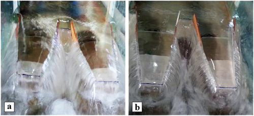 Figure 4. The weir experimented in the test flume. a) 4P model, b) 5P model.