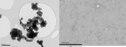 Figure 6. Scanning electron microscope view of a typical aerosol cluster (left) and from larger size aerosols (right) collected during the laser cutting in air of the in-vessel fuel debris simulant block defined in Table 1 and shown in Figure 1.