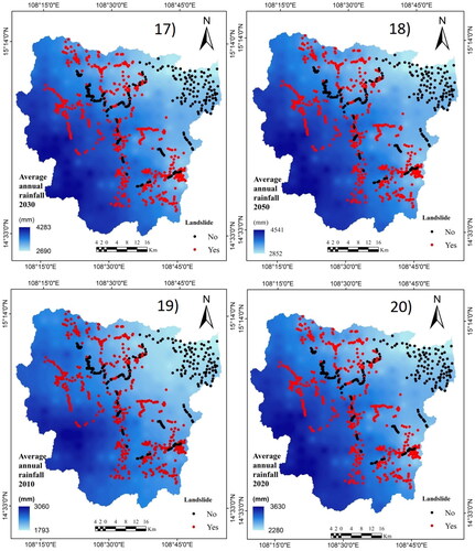 Figure 3. Landslide conditioning factors in the Tra Khuc river basin in Quang Ngai Province: 1) elevation, 2) curvature, 3) aspect, 4) slope, 5) NDVI in 2010, 6) NDBI in 2010, 7) NDVI in 2020, 8) NDBI in 2020, 9) distance from road, 10) soil type, 11) distance from river, 12) TWI, 13) LULC in 2010, 14) LULC in 2020, 15) LULC in 2030, 16) LULC in 2050, 17) average annual rainfall in 2030, 18) average annual rainfall in 2050, 19) average annual rainfall in 2010, 20) average annual rainfall in 2020, 21) distance to settlement in 2030, 22) distance to settlement in 2050, 23) distance to settlement in 2010, 24) distance to settlement in 2020, 25) NDWI in 2010, 26) NDWI in 2020, 27) morphology.