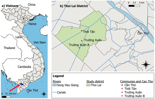 Figure 1. Map of Vietnam with the Can Tho province marked in dark blue (left) Thoi Lai District, with the three study communes Trường Xuân, Trường Xuân B, and Thới Tân (right).