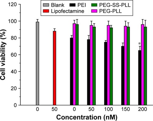 Figure 1 HepG2 cell viability posttreatment with PEI, Lipofectamine, PEG-PLL, or PEG-SS-PLL at various concentrations or mock treatment of PBS.Notes: *P<0.05. Data expressed as mean ± SD of three experiments. Cell viability was determined relative to the blank group.Abbreviations: PEI, polyethylenimine; PEG-SS-PLL, polyethylene glycol–poly(ε-benzyloxycarbonyl-l-lysine); PBS, phosphate-buffered saline; SD, standard deviation.