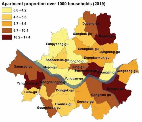 Figure 4. Apartment district ratio over 1000 households in Seoul, South Korea.