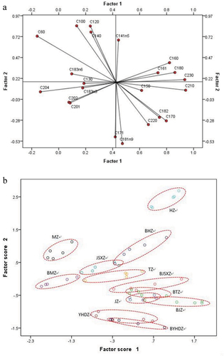 Figure 7. A) Principal component analysis (PC1 and PC2) of FAs of jujubes; B).