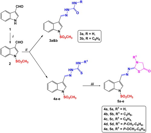 Scheme 1. Synthetic routes for preparation of indole semicarbazide 3a&b, thiosemicarbazide 4a–e and thiazolidinone 5a–e derivatives.