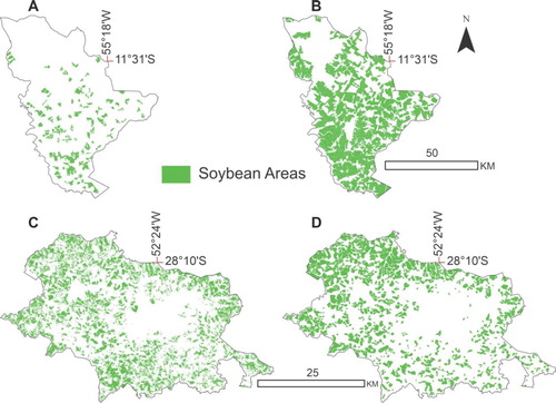 Figure 3. Mapping of soybean (ha) in 2000/2001 (A and C) and 2017/2018 (B and D) crop years in the municipalities of Sinop -MT (A and B) and Passo Fundo-RS (C and D) by MODIS sensor.