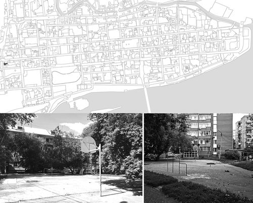 Figure 5. The courtyard near the art school, named after Pozdeev and photographs showing the site’s current appearance. (Photos and map: Daria Belova).
