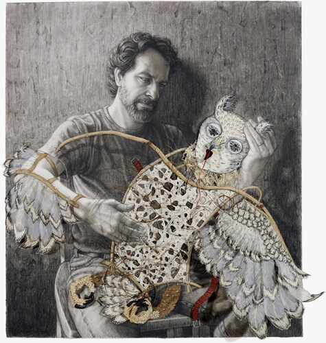 Figure 2. Black and white charcoal background with collaged foreground. Tim Lowly sits on a wooden chair in the center of the image in front of a textured wall. He has short wavy hair and a beard. He holds an owl figure made of glass, clay, papers, Bible pages, wire, and twigs in his lap. His left hand cradles the owl’s head, and on his right he wears a beige brace with a wing.