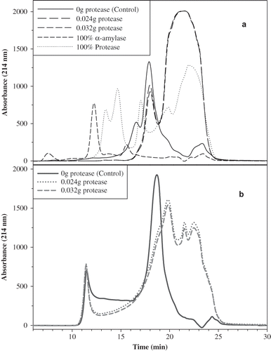 Figure 3 Size exclusion HPLC of protease-treated gluten: (a) precipitate and (b) supernatant.
