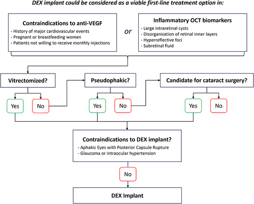 Figure 3 Flowchart summarizing possible determinants in patient selection for DEX implant in DME.