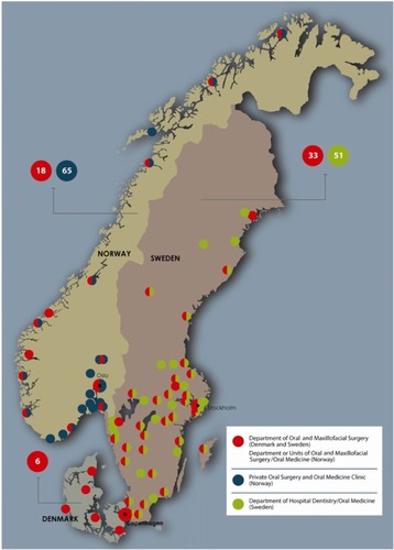 Figure 1 Map of ONJ clinics in Denmark, Norway and Sweden.