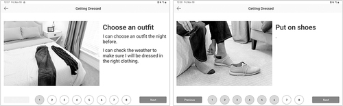 Figure 1 Example of a Visual Map. An example of a visual map for an activity of daily living titled “Getting Dressed”, in which there are a total of 8 sequential steps guiding the user through a certain aspect of the activity. Each step appears individually and only progresses to the next step once the user interacts with the device’s touch screen. Once the user reaches the last step of the activity, the user is able to confirm that it has been successfully completed.