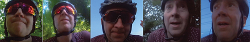 Figure 3. The First author: “Becoming fatigued.” Left to right: 90 miles, 100 miles, 125 miles, 140 miles 145 miles. (Video log, June 29 2020, “Salisbury plain // 200 km gravel route,” https://youtu.be/tzPb0IcF4ew?t=636).
