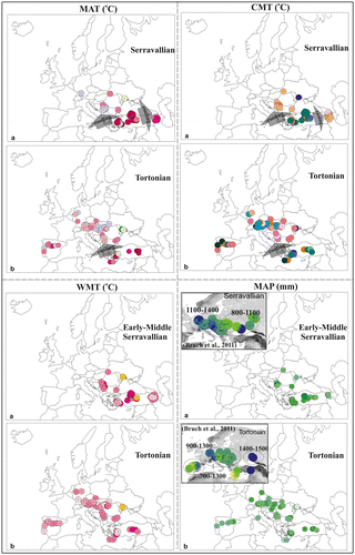 Figure 10. Mean annual temperature, mean annual coldest month, mean annual warmest month and mean annual precipitation in Europe and Anatolia (a) Serravallian and (b) Tortonian (for detail legend see Figure 9).