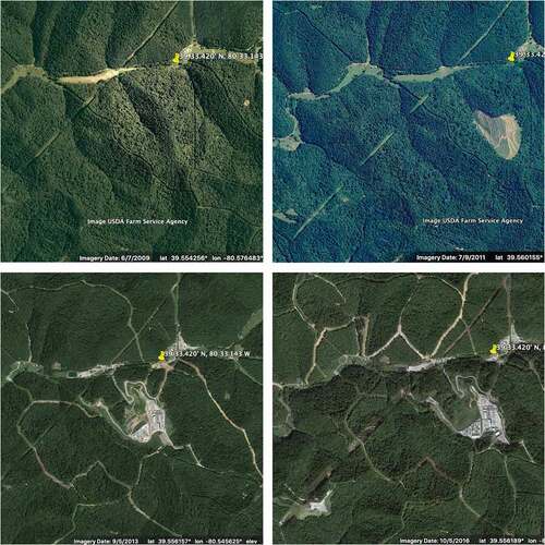 Figure 2. This satellite imagery reflects the industrial development in Mobley over a seven-year period. The top left image was captured 7 June 2009; top right 9 July 2011; bottom left 5 September 2013; and bottom right, 5 October 2016. Images taken from Google Earth and provided by USDA Farm Service Agency