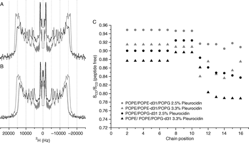 Figure 2.  2H echo spectra of POPE-d31 or POPG-d31 in lipid vesicles. Vesicles contained POPE/POPE-d31/POPG (2:1:1) (A) or POPE/POPG-d31 (3:1) (B) in the absence (grey lines) or presence (black lines) of 2.5 mole% pleurocidin at pH 7.5. Spectra were recorded on a Bruker Avance 300 spectrometer at 298K. 2H order parameter profiles for the same peptide containing vesicles at pH 7.5 and also with an elevated pleurocidin concentration of 3.3 mole% are shown calculated relative to peptide free vesicles (C).