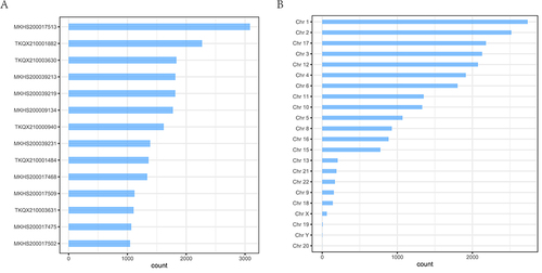 Figure 3 Characteristics of CNV variants in HCM patients. (A), CNV variants signature of each HCM patient. (B), Statistics of CNV variants characteristics for each chromosome.