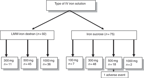 Figure 1. Diagram showing the type and amount of parenteral iron solution administered to chronic peritoneal dialysis patients.