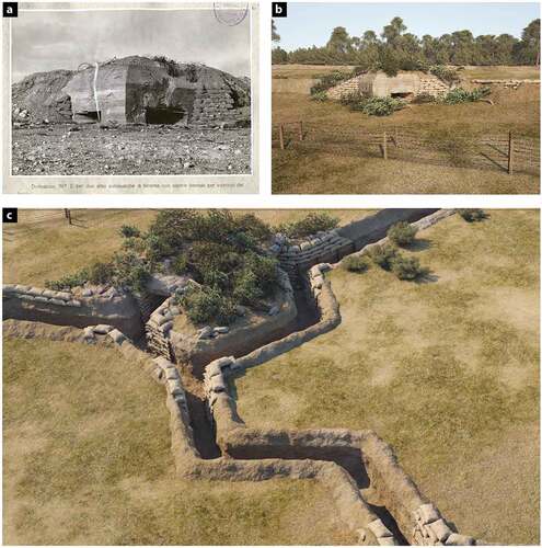 Figure 9. (a) Pillbox number 2. Frontal view showing the impact of the artillery against the embrasures (AGMAV). (b) Pillbox number 2. Front. 3D reconstruction (J.R. Casals—Didpatri UB). (c) Rear view of Pillbox number 2, and adjacent trenches. 3D reconstruction (J.R. Casals—Didpatri UB).