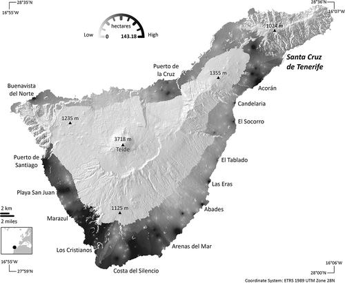 Figure 5. Tenerife’s land development pressure during the 1990–2006 period.