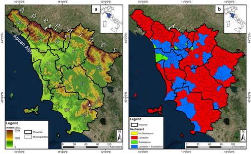 Figure 1. Geographical characterization and Digital Elevation Model (DEM) of Tuscany Region (a) and spatial distribution of geohazard observable by satellite radar data (b). Source: Author