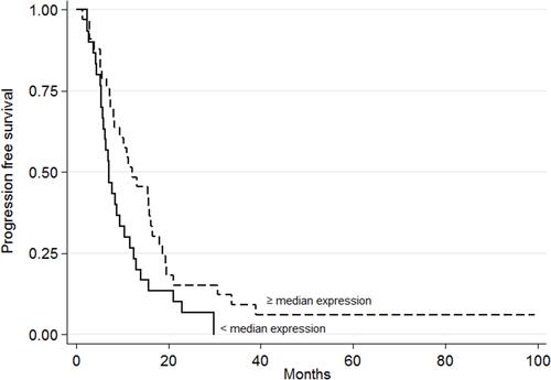 Figure 3 Progression-free survival with respect to miR-143-3p expression. The continuous line represents patients with low miRNA expression values (<median value); the dashed line represents patients with high miRNA expression values (≥median value) (p=0.033).