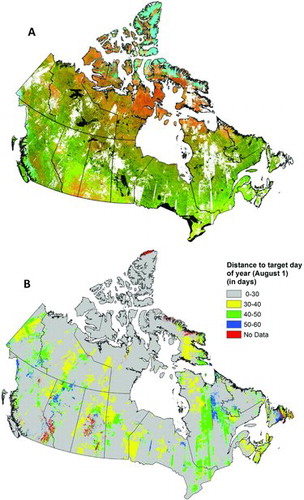 FIG. 3. 2010 annual best available pixel (BAP) composite (A) using August 1 ± 30 days. Approximately 17% of pixels have no observations within that date range. The distance to target day of year (DOY; B) indicates the DOY distribution; less than 1% of pixels have no observations (no data).