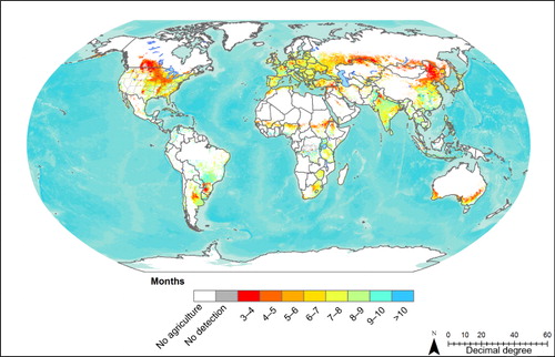 Figure 7. The median duration of the agricultural growing season (SOS to EOS from the same growing season), 2001–2010. As in Figure 3(a) and 3(b), the GLAM-UMD cropland indicator mask at 0.05° is overlaid the native 0.5° GSCs to more accurately represent cropland extent.