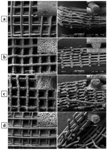 Figure 7. Scanning electron microscope images of the top (left column) and cross-sectional view (right column) of a PHBHHx (A) and PHBHHx/poly(ε-caprolactone) (PCL) scaffold at different ratios. (B) PHBHHx/PCL 3:1 (C) PHBHHx/PCL 2:1, (D) PHBHHx/PCL 1:1. The high magnification insets show the porosity (left) as well as cross-section (right) of single fibers. Images were taken from Puppi et al.[Citation53] without any modification and licensed under CC BY 4.0.