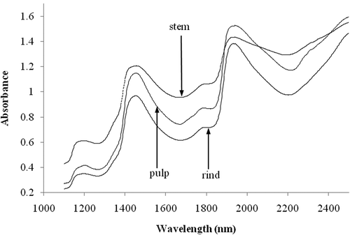 FIGURE 4 Mean spectra using near-infrared spectroscopy of pulp, rind, and stem.