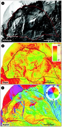 Figure 3. Thematic maps obtained by DTM analysis. (A) Hillshade; (B) Slope; (C) Aspect.