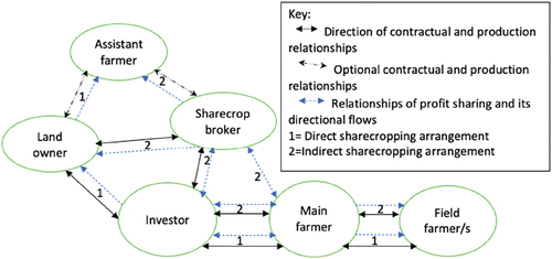 Figure 1. Sharecropping actors, contract and profit-sharing relationships (by authors).