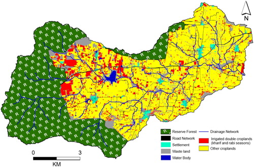 Figure 4. Spatial distribution of dual-irrigation in the Berambadi watershed in 2013. The other croplands are partially groundwater irrigated in the absence of rainfall or grown under only rainfed condition.
