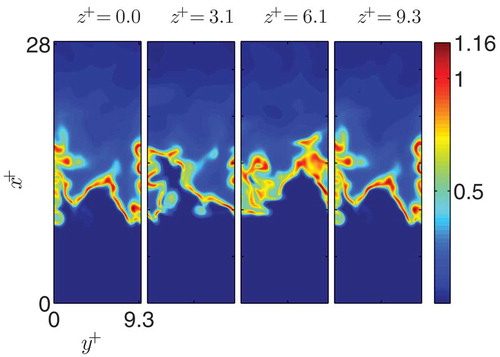 Figure 10 Contours of for case B at .